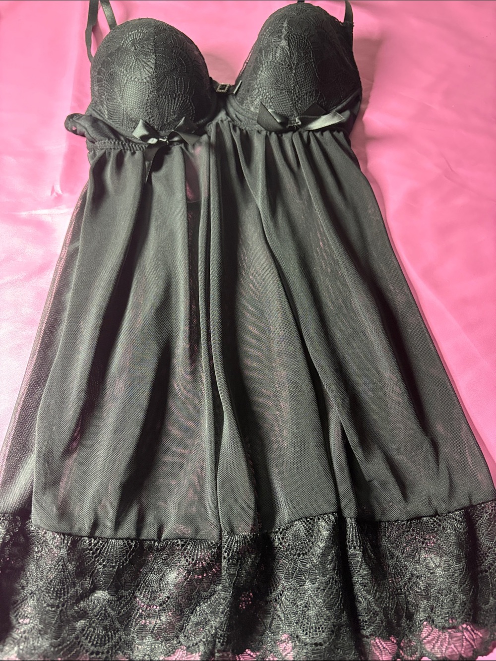Black Lace & Mesh Babydoll Nightie with Bow Accents